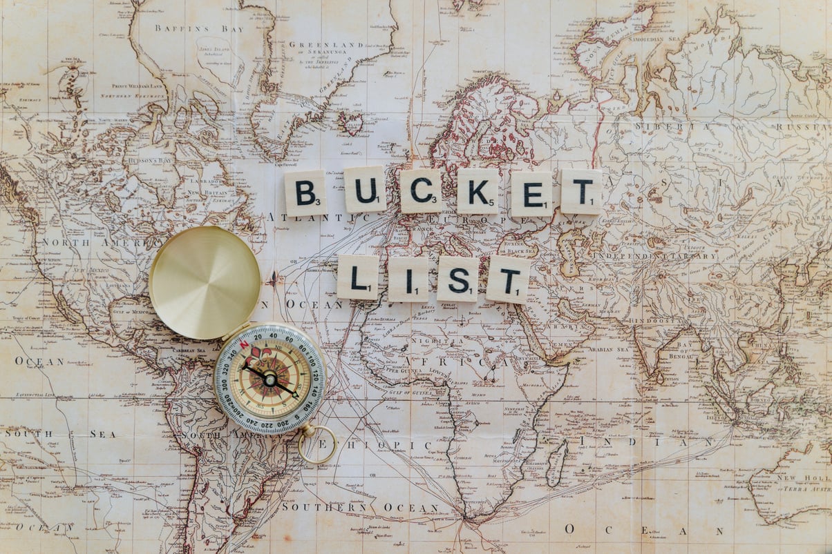 Bucket List Letters and Compass on a Map Flatlay